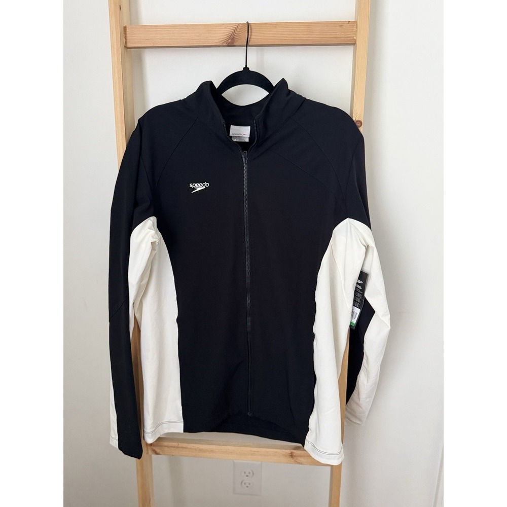 Speedo Men's Boom Force Stretch Warm Up Swim Jacket Black Off White Size Large